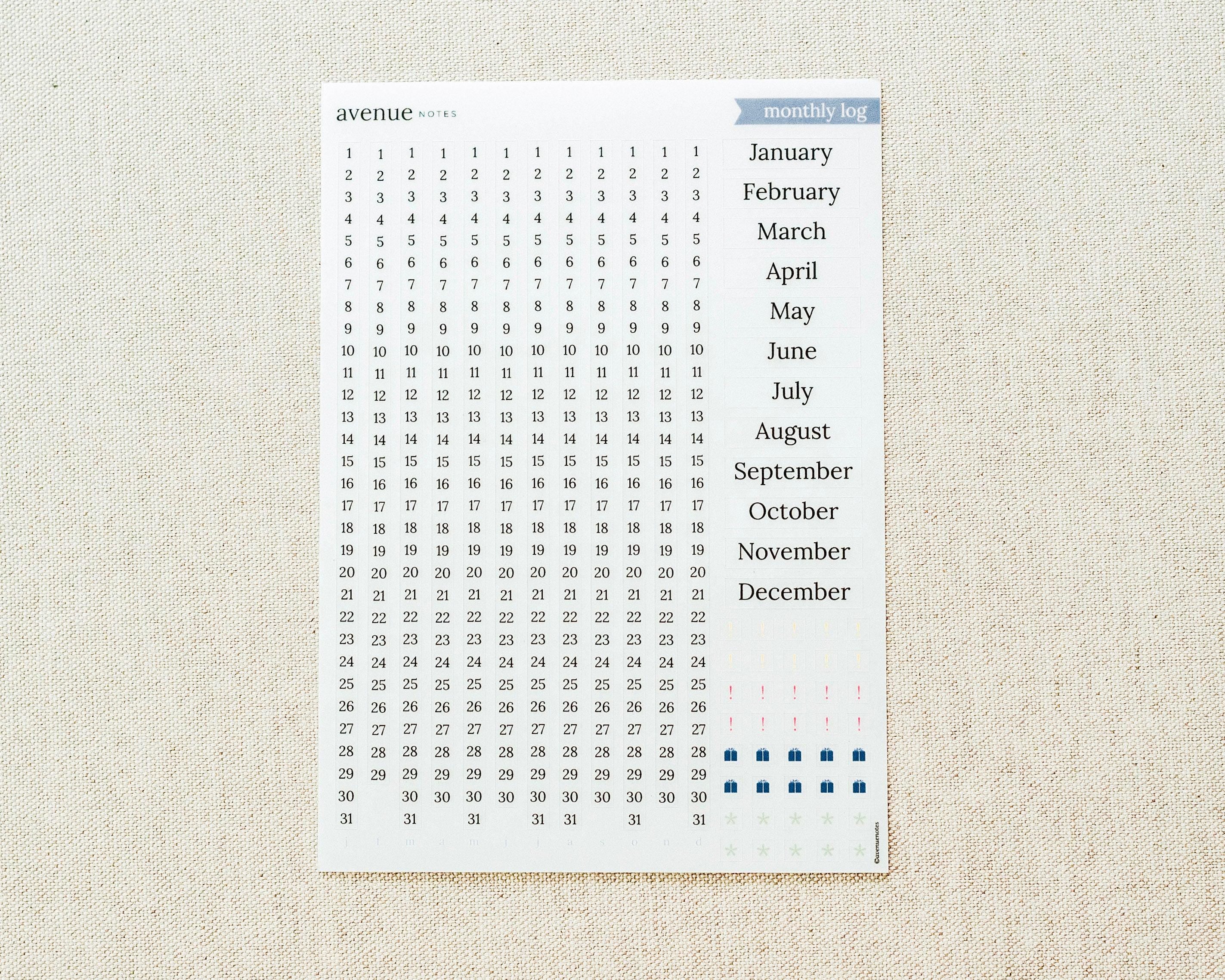 monthly log -at a glance dates