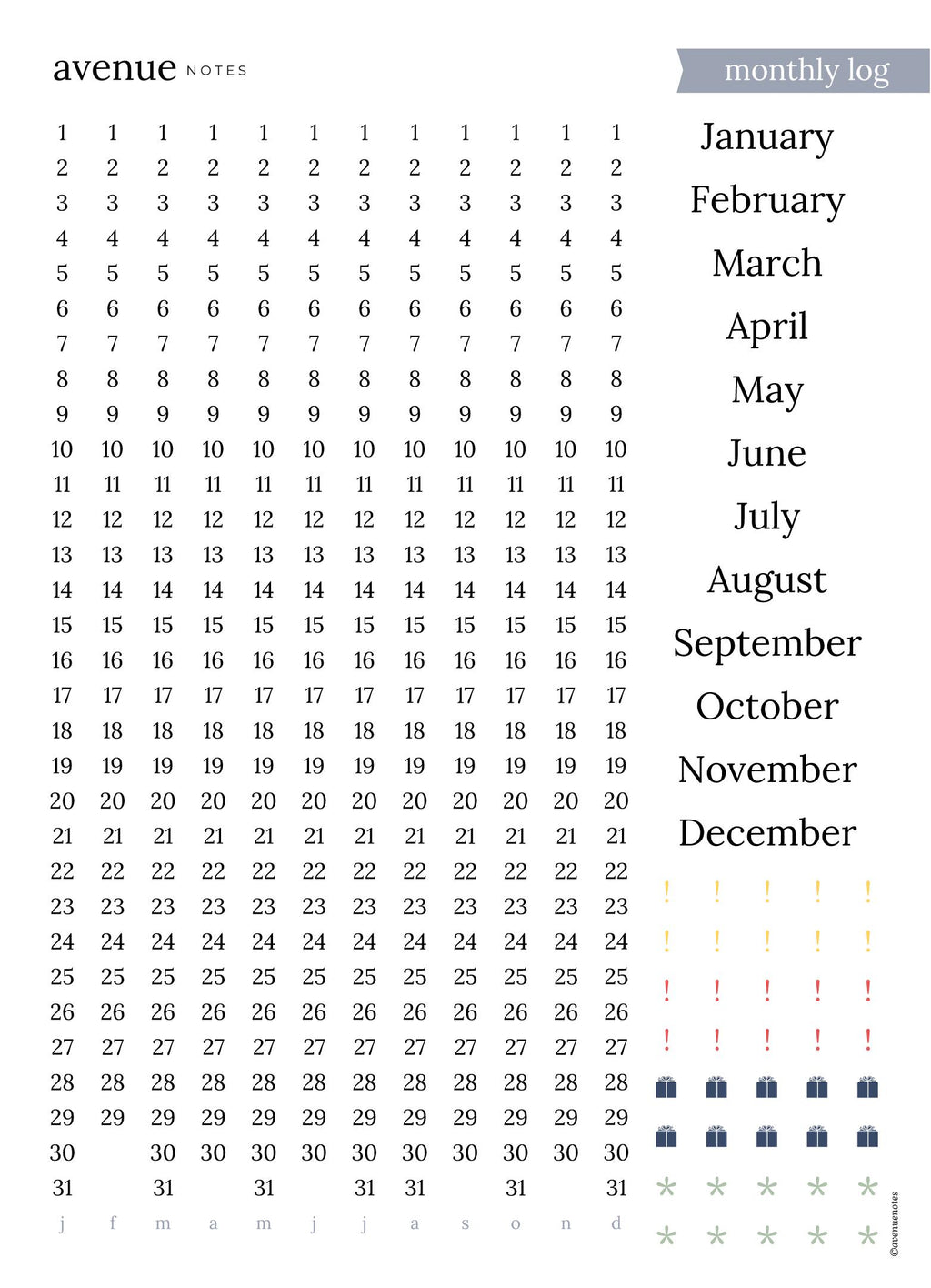 monthly log -at a glance dates